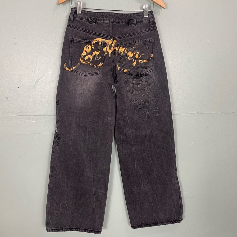 Ed Hardy Loose Wide Leg Jeans Death Before Dishonor Patch Logo Black Women Sz 24 - Picture 7 of 9